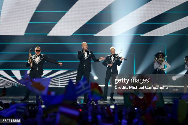 Sunstroke Project, representing Moldova, perform the song 'Hey Mamma' during the final of the 62nd Eurovision Song Contest at International...