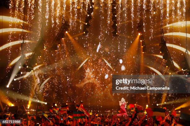 Singer Anja, representing Denmark, performs the song 'Where I Am' during the final of the 62nd Eurovision Song Contest at International Exhibition...