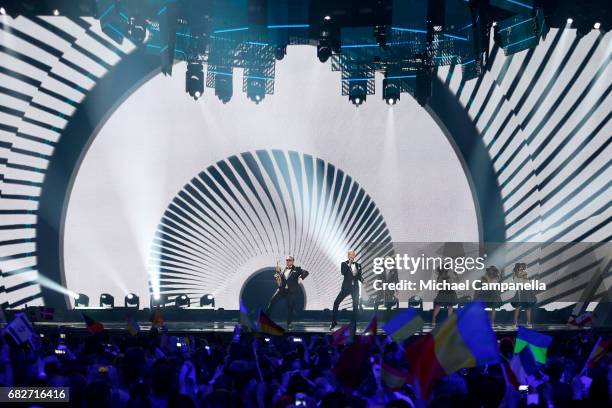 Sunstroke Project, representing Moldova, perform the song 'Hey Mamma' during the final of the 62nd Eurovision Song Contest at International...