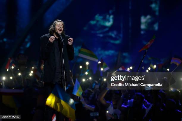 Singer Salvador Sobral, representing Portugal, performs the song 'Amar Pelos Dois' during the final of the 62nd Eurovision Song Contest at...