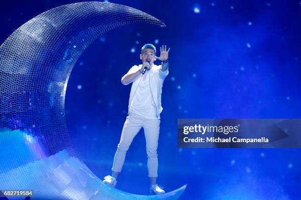 Singer Nathan Trent, representing Austria, performs the song 'Running On Air' during the final of the 62nd Eurovision Song Contest at International...