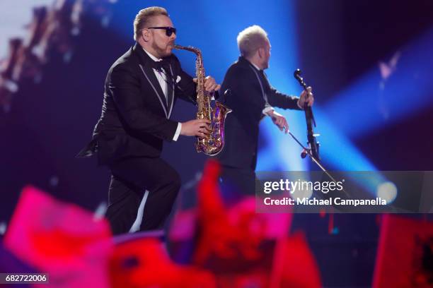 Sunstroke Project, representing Moldova, perform the song 'Hey Mamma' during the final of the 62nd Eurovision Song Contest at International...