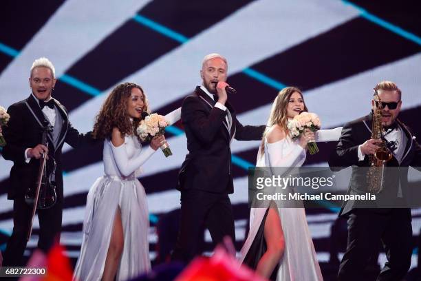 Sunstroke Project, representing Moldova, perform the song 'Hey Mamma' during the final of the 62nd Eurovision Song Contest at International...