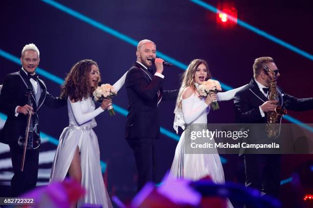 Sunstroke Project, representing Moldova, perform the song 'Hey Mamma' during the final of the 62nd Eurovision Song Contest at International...