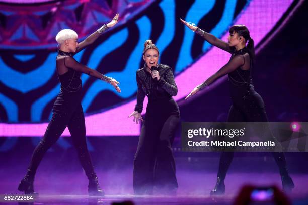 Singer Artsvik, representing Armenia, performs the song 'Fly With Me' during the final of the 62nd Eurovision Song Contest at International...