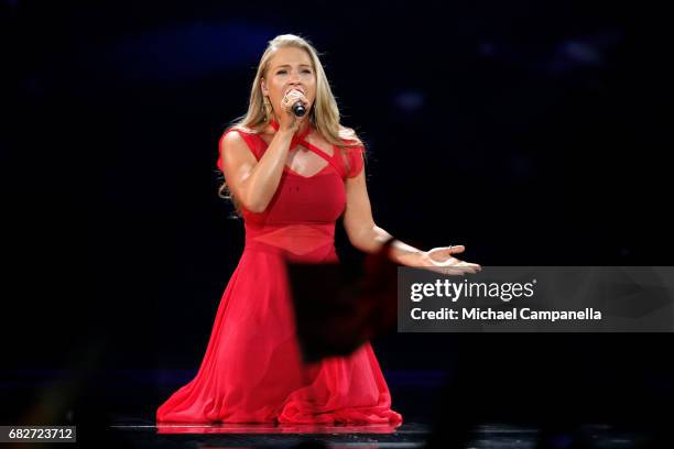 Singer Anja, representing Denmark, performs the song 'Where I Am' during the final of the 62nd Eurovision Song Contest at International Exhibition...