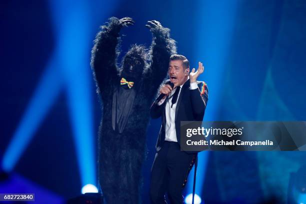 Singer Francesco Gabbani, representing Italy, performs the song 'Occidentali's Karma' during the final of the 62nd Eurovision Song Contest at...