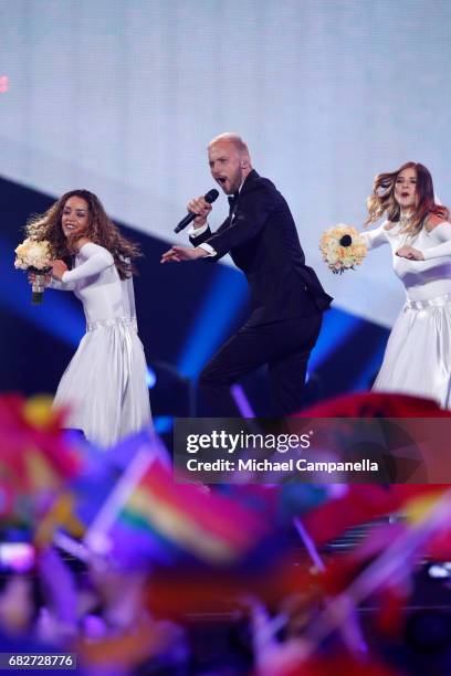 Sunstroke Project, representing Moldova, perform the song 'Hey Mamma' during the final of the 62nd Eurovision Song Contest at International...