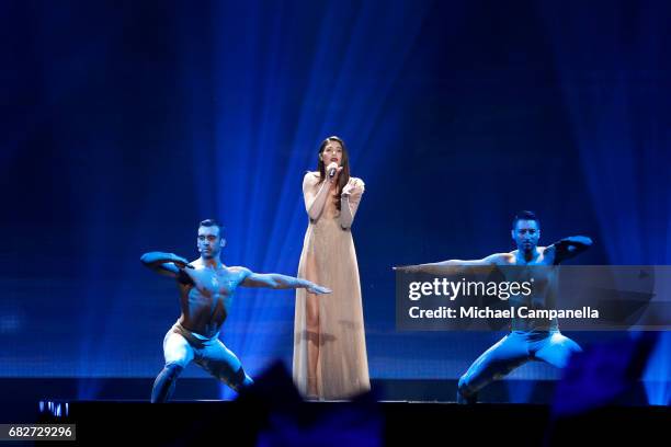 Singer Demy, representing Greece, performs the song 'This Is Love' during the final of the 62nd Eurovision Song Contest at International Exhibition...