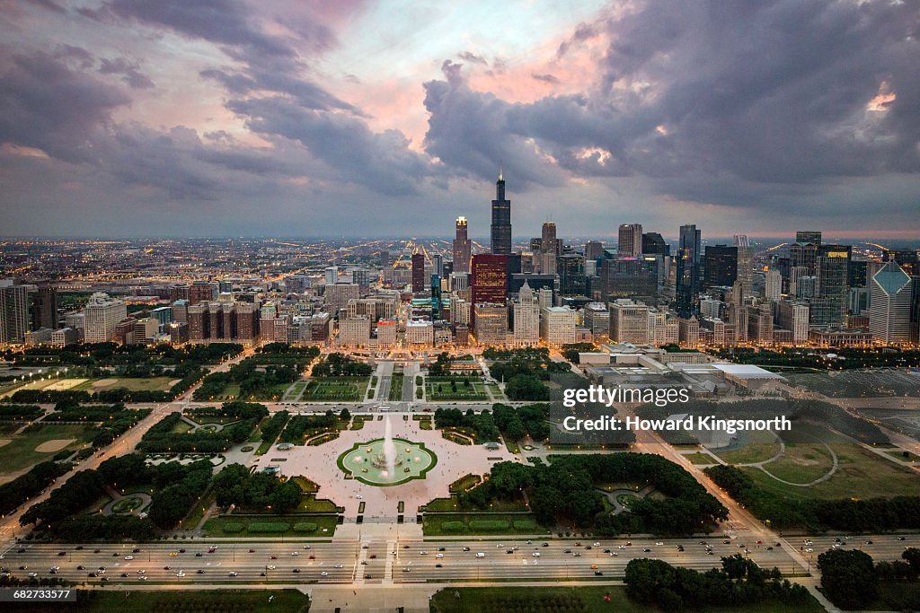 Aerial shot of Chicago at dusk