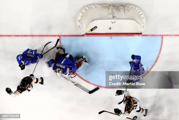 Marcus Kink of Germany celebrate the opening goal during the 2017 IIHF Ice Hockey World Championship game between Italy and Germany at Lanxess Arena...