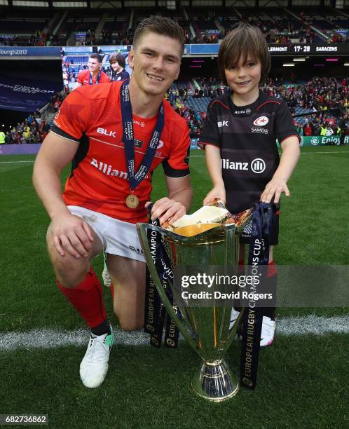 Owen Farrell of Saracens celebrates victory with his brother Leo during the European Rugby Champions Cup Final between ASM Clermont Auvergen and...