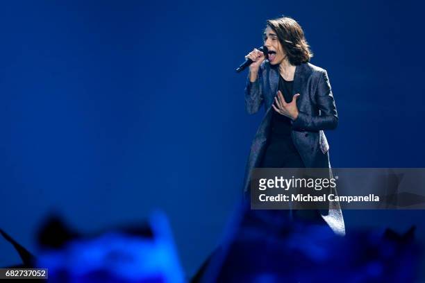 Singer Isaiah, representing Australia performs the song 'Don't Come Easy' during the final of the 62nd Eurovision Song Contest at International...