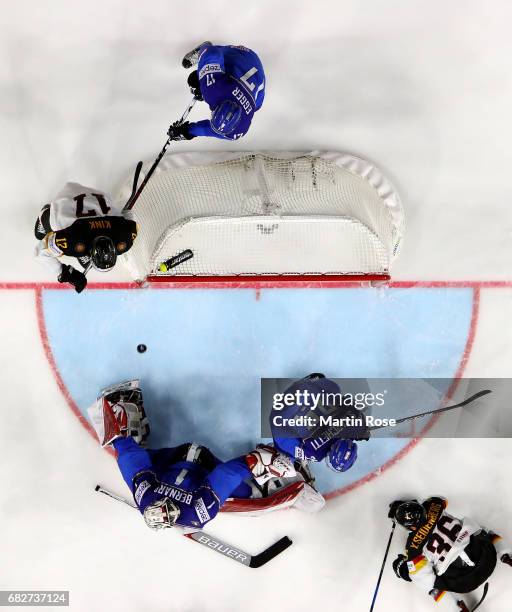 Andreas Bernard, goaltender of Italy maes a save during the 2017 IIHF Ice Hockey World Championship game between Italy and Germany at Lanxess Arena...