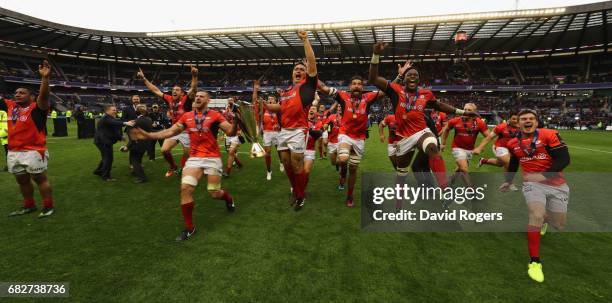 Saracens celelbrate after their victory during the European Rugby Champions Cup Final between ASM Clermont Auvergen and Saracens at Murrayfield...