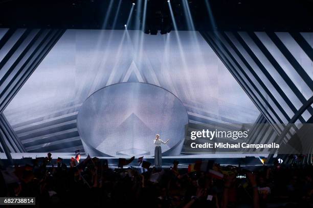 Singer Levina, representing Germany, performs the song 'Perfect Life' during the final of the 62nd Eurovision Song Contest at International...