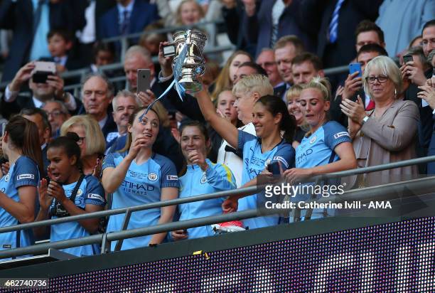 Carli Lloyd of Manchester City Women celebrates with the trophy during the SSE Women's FA Cup Final between Birmingham City Ladies and Manchester...