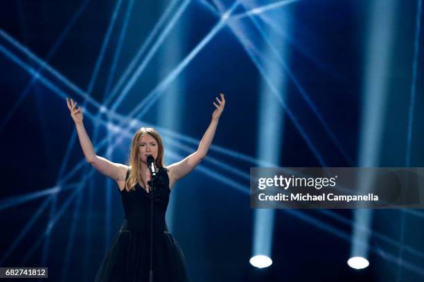 Singer Blanche, representing Belgium, performs the song 'City Lights' during the final of the 62nd Eurovision Song Contest at International...