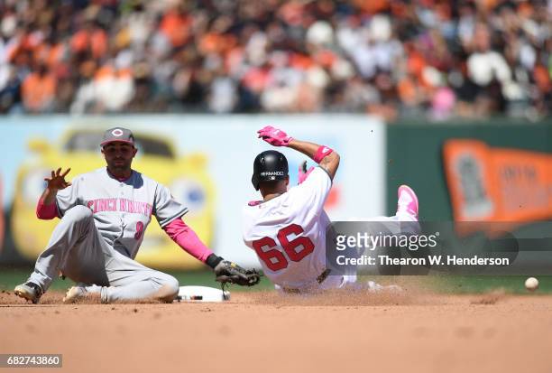 Gorkys Hernandez of the San Francisco Giants steals second base as the ball is thrown into center field past Jose Peraza of the Cincinnati Reds in...