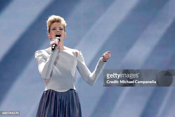 Singer Levina, representing Germany, performs the song 'Perfect Life' during the final of the 62nd Eurovision Song Contest at International...