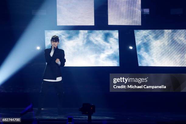 Singer Kristian Kostov, representing Bulgaria, performs the song 'Beautiful Mess' during the final of the 62nd Eurovision Song Contest at...