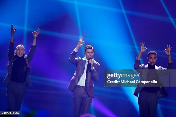 Singer Robin Bengtsson, representing Sweden, performs the song 'I Can't Go On' during the final of the 62nd Eurovision Song Contest at International...