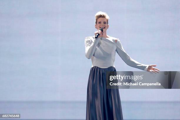 Singer Levina, representing Germany, performs the song 'Perfect Life' during the final of the 62nd Eurovision Song Contest at International...