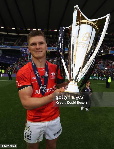 Owen Farrell of Saracens celebrates during the European Rugby Champions Cup Final between ASM Clermont Auvergen and Saracens at Murrayfield Stadium...