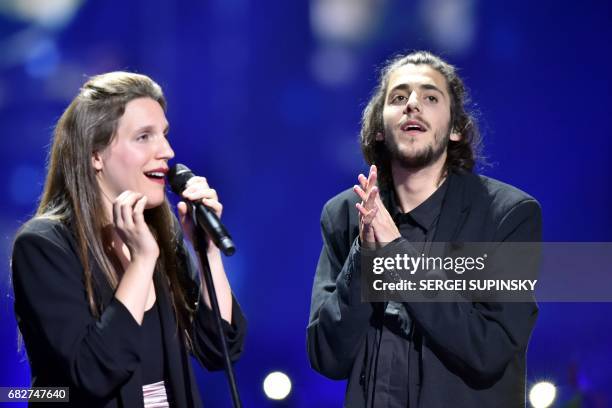 Portuguese singer representing Portugal with the song "Amar Pelos Dios" Salvador Vilar Braamcamp Sobral aka Salvador Sobral performs on stage with...