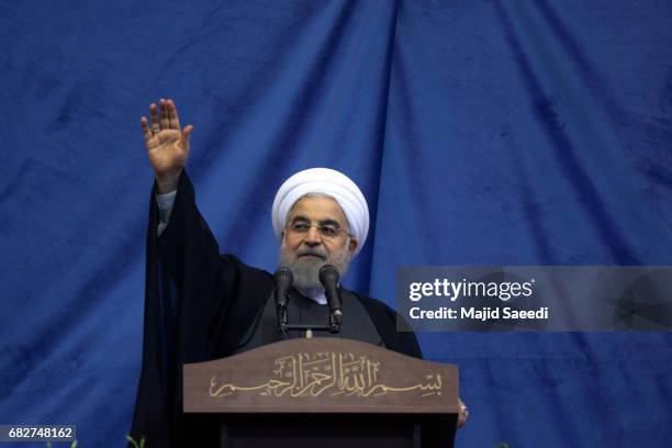 President Hassan Rouhani attends a campaign rally on May 13, 2017 in Tehran, Iran. Presidential elections in Iran will be held on May 19th.