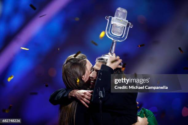 Winner Salvador Sobral, representing Portugal, and his sister Luisa Sobral pose with his award during the final of the 62nd Eurovision Song Contest...