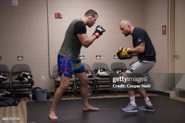 Joachim Christensen warms up in the locker room before fighting Gadzhimurad Antigulov during UFC 211 at the American Airlines Center on May 13, 2017...