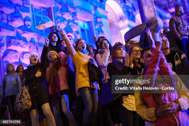 Fans of Eurovision watch live broadcast in the center of city on May 9, 2017 in Kiev, Ukraine. The final of the 62nd Eurovision Song Contest will be...