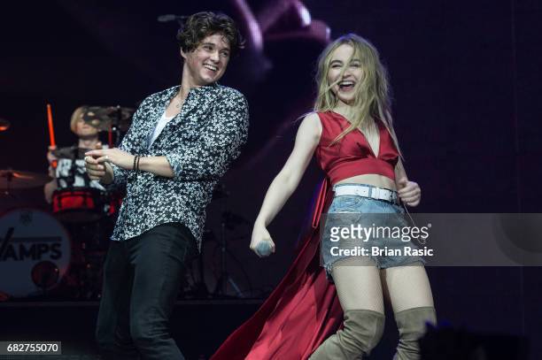 Brad Simpson of The Vamps and Sabrina Carpenter perform at The O2 Arena on May 13, 2017 in London, England.