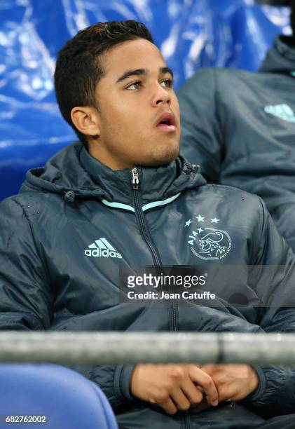 Justin Kluivert of Ajax Amsterdam looks on from the bench during the UEFA Europa League, semi final second leg match between Olympique Lyonnais and...