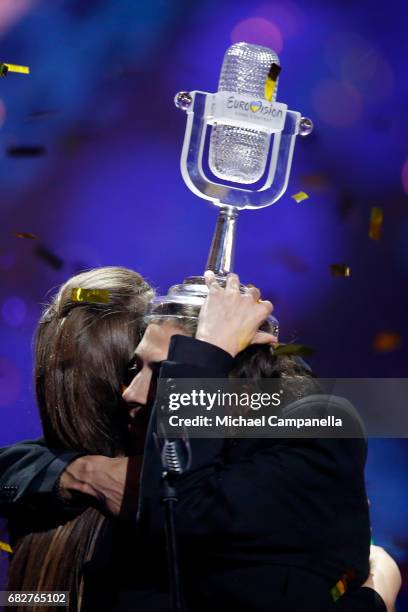 Winner Salvador Sobral, representing Portugal, and his sister Luisa Sobral pose with his award during the final of the 62nd Eurovision Song Contest...