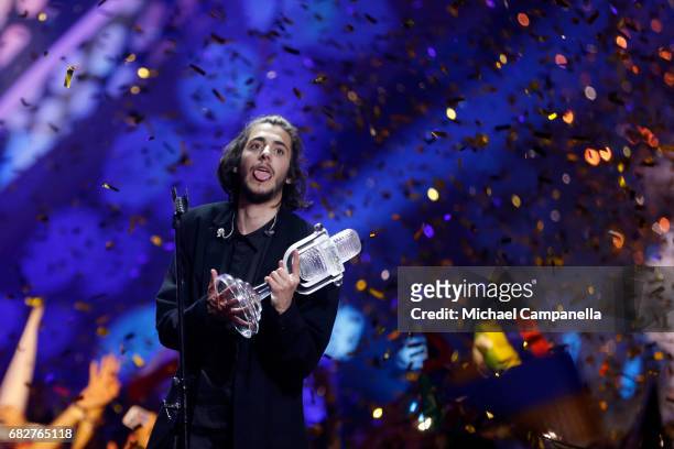 Winner Salvador Sobral, representing Portugal, poses with his award during the final of the 62nd Eurovision Song Contest at International Exhibition...