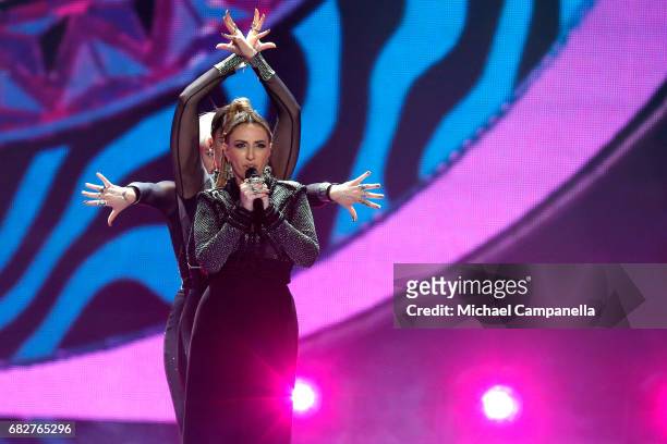 Singer Artsvik, representing Armenia, performs the song 'Fly With Me' during the final of the 62nd Eurovision Song Contest at International...