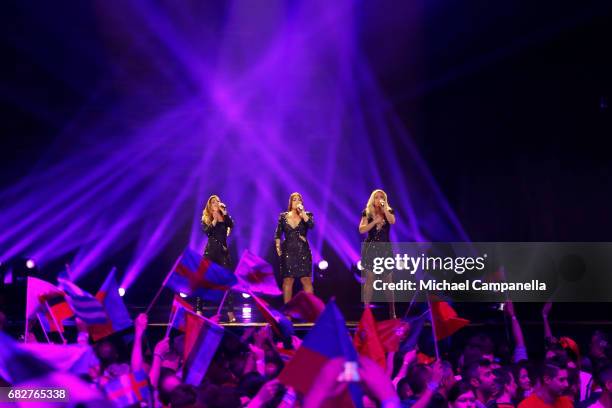 Amy, Shelley and Lisa Vol of the band OG3NE, representing the Netherlands, perform the song 'Lights and Shadows' during the final of the 62nd...