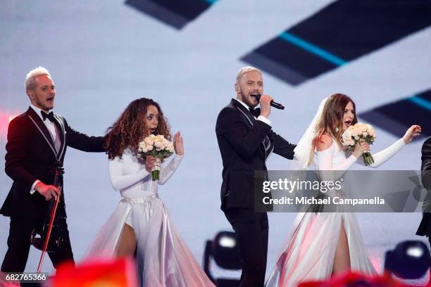 Sunstroke Project, representing Moldova, perform the song 'Hey Mamma' during the final of the 62nd Eurovision Song Contest at International...