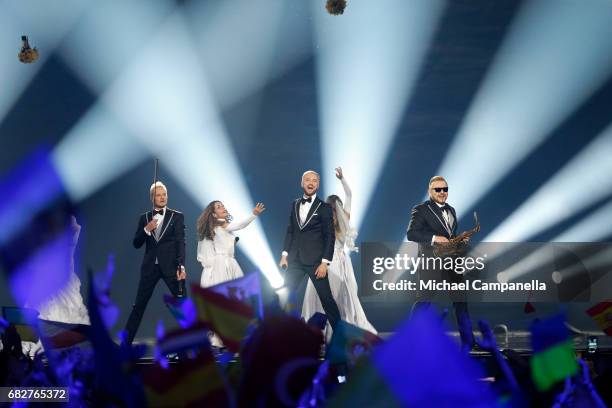 Sunstroke Project, representing Moldova, perform the song 'Hey Mamma' during the final of the 62nd Eurovision Song Contest at International...