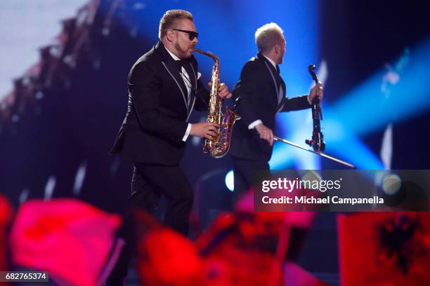 Sunstroke Project, representing Moldova, perform the song 'Hey Mamma' during the final of the 62nd Eurovision Song Contest at International...