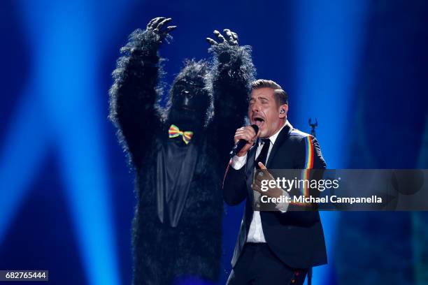 Singer Francesco Gabbani, representing Italy, performs the song 'Occidentali's Karma' during the final of the 62nd Eurovision Song Contest at...