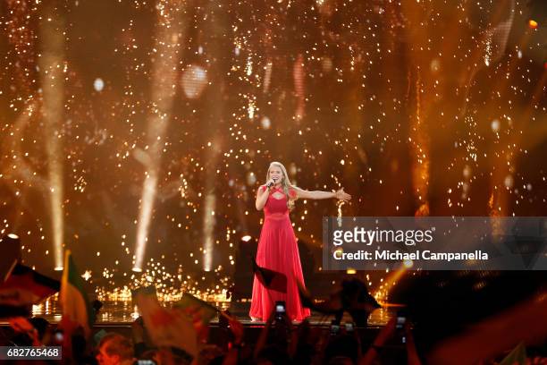Singer Anja, representing Denmark, performs the song 'Where I Am' during the final of the 62nd Eurovision Song Contest at International Exhibition...