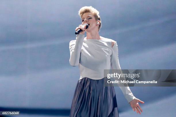 Singer Levina, representing Germany, performs the song 'Perfect Life' during the final of the 62nd Eurovision Song Contest at International...