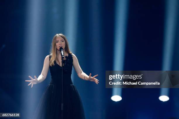 Singer Blanche, representing Belgium, performs the song 'City Lights' during the final of the 62nd Eurovision Song Contest at International...