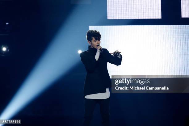 Singer Kristian Kostov, representing Bulgaria, performs the song 'Beautiful Mess' during the final of the 62nd Eurovision Song Contest at...
