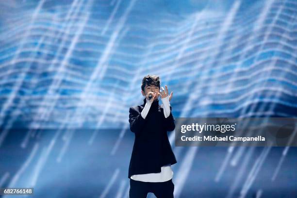 Singer Kristian Kostov, representing Bulgaria, performs the song 'Beautiful Mess' during the final of the 62nd Eurovision Song Contest at...