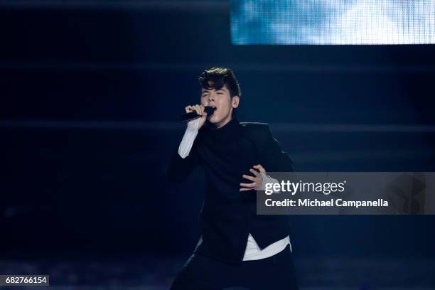 Singer Kristian Kostov, representing Bulgaria, performs the song 'Beautiful Mess' during the final of the 62nd Eurovision Song Contest at...