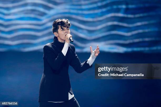 Singer Kristian Kostov, representing Bulgaria, performs the song 'Beautiful Mess' during the final of the 62nd Eurovision Song Contest at...